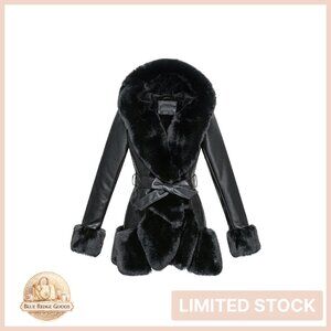 Faux Leather Coat with Faux Fur Collar Belted Mid Length Hooded Winter Jacket